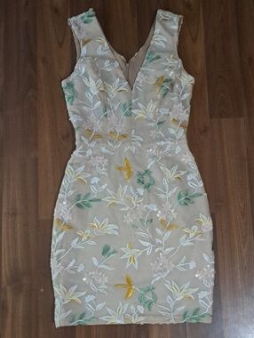 Dress the Population Beige Embroidered Floral V-Neck Mini Dress.